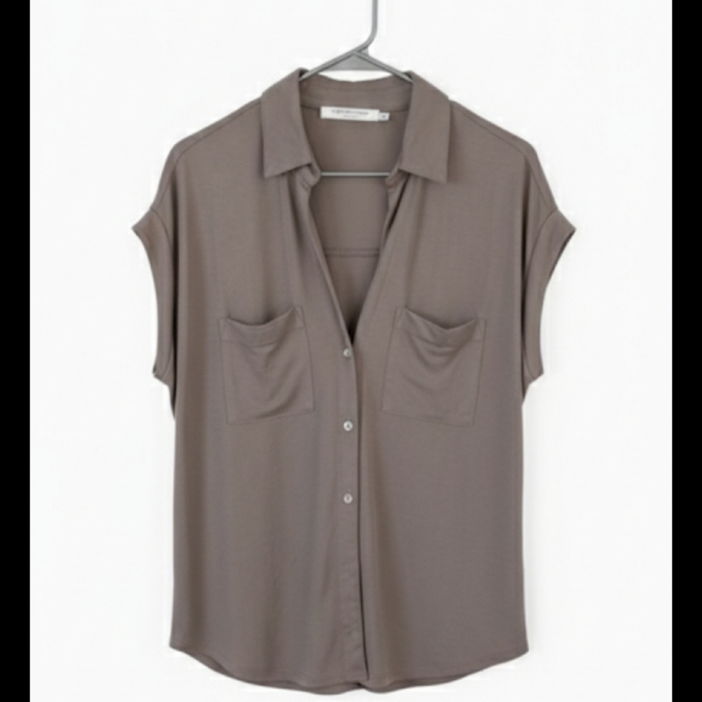 Blouse Casual Taupe Button Down Shirt